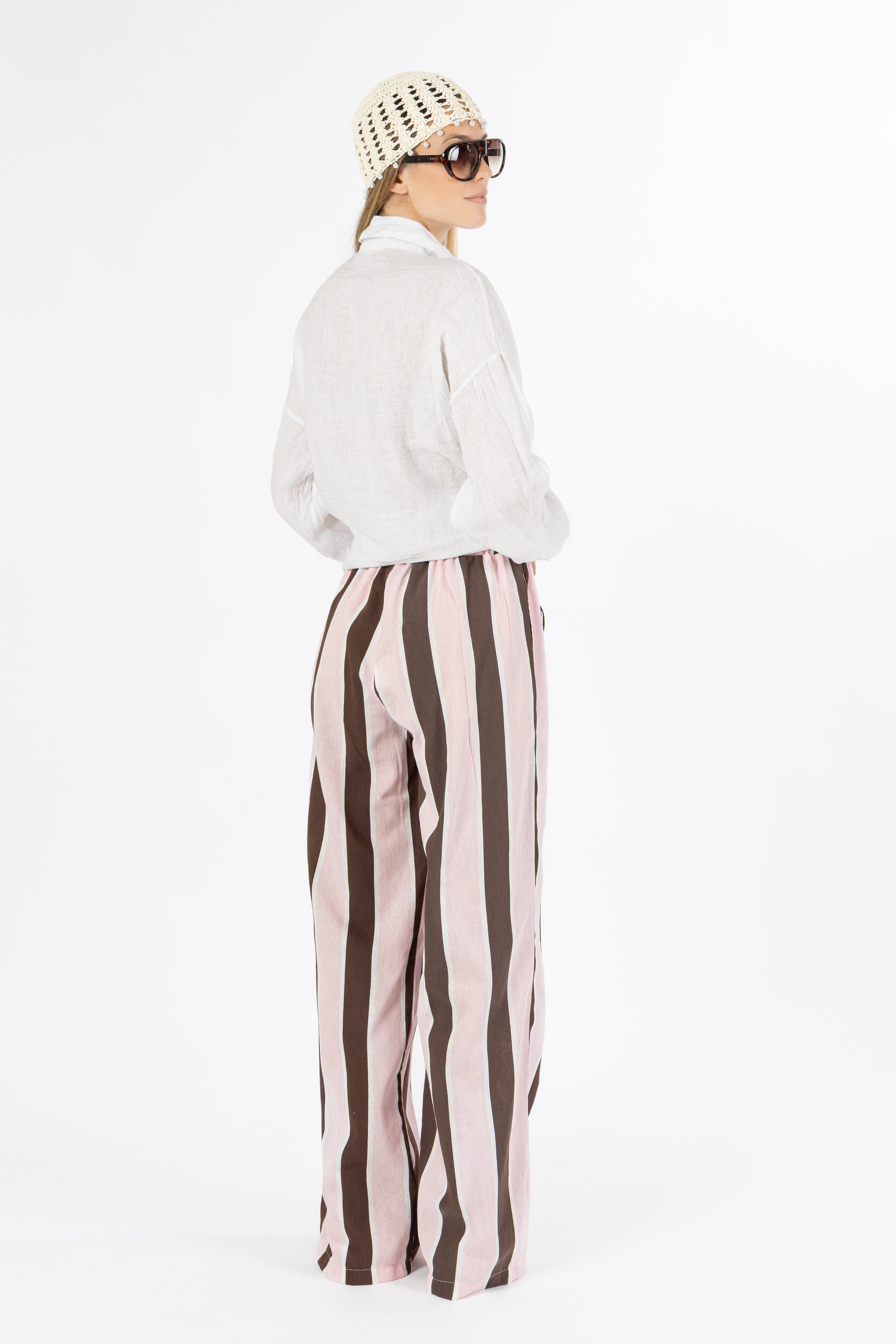 Pantalone a righe rosa e marrone