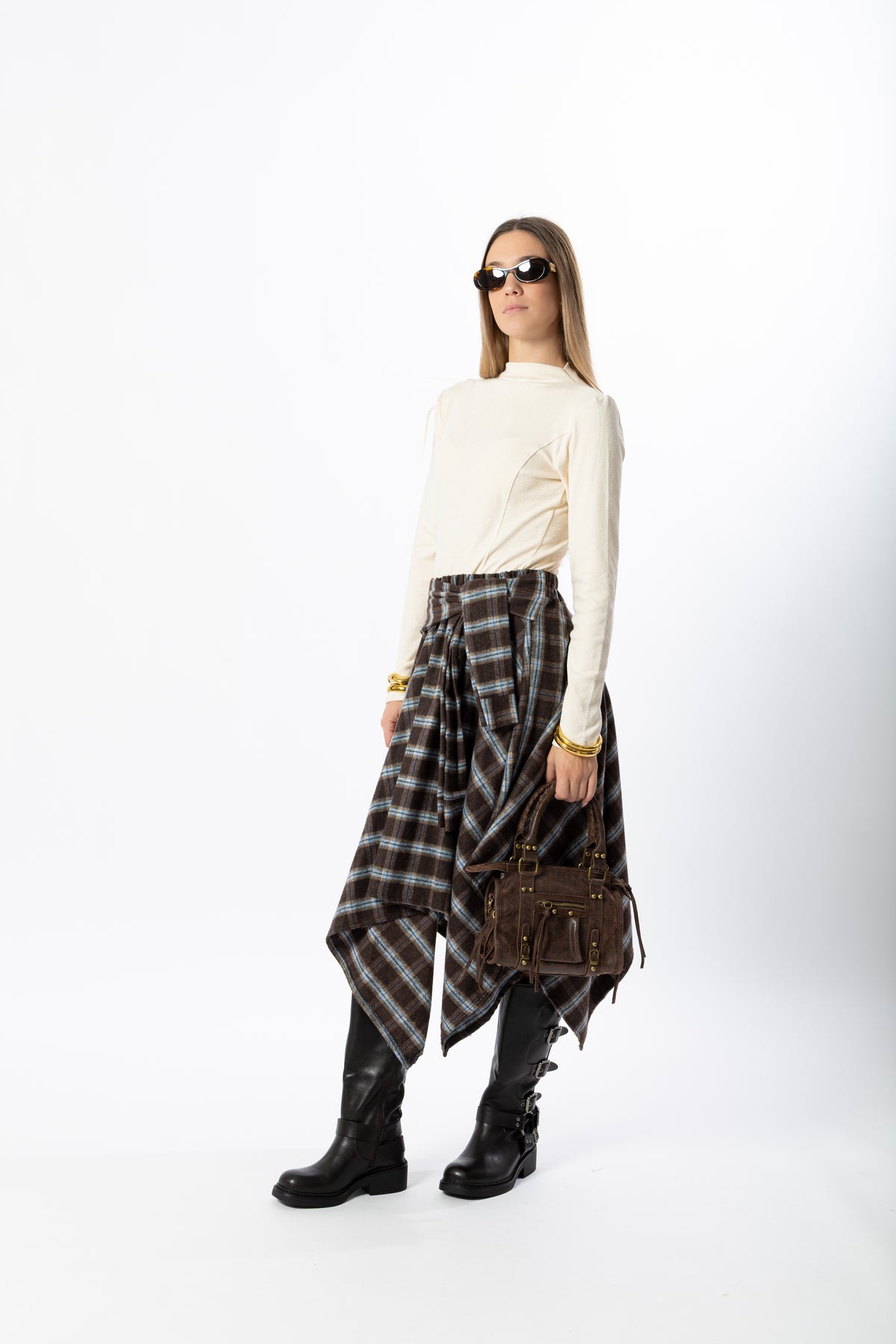 Gonna midi tartan marrone