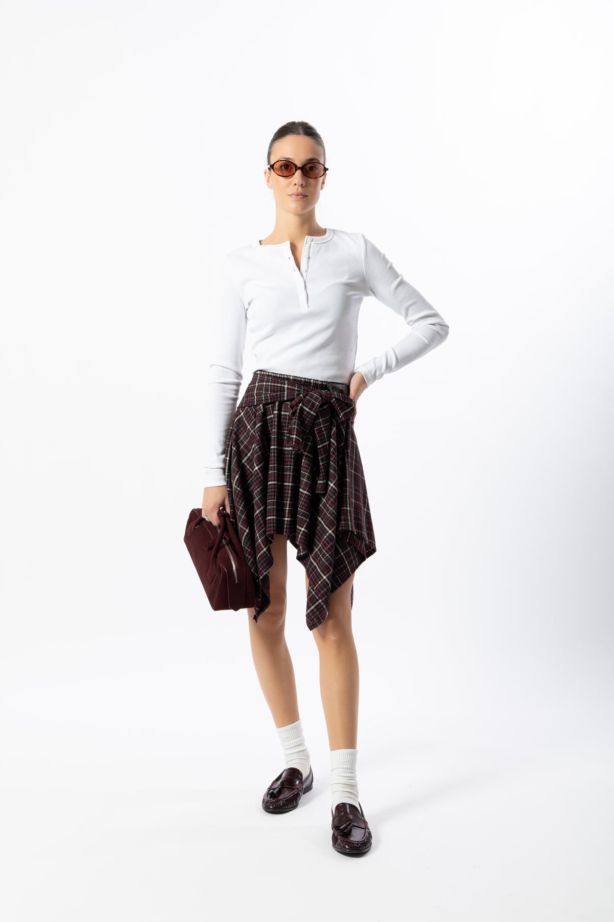 Gonna corta tartan bordeaux