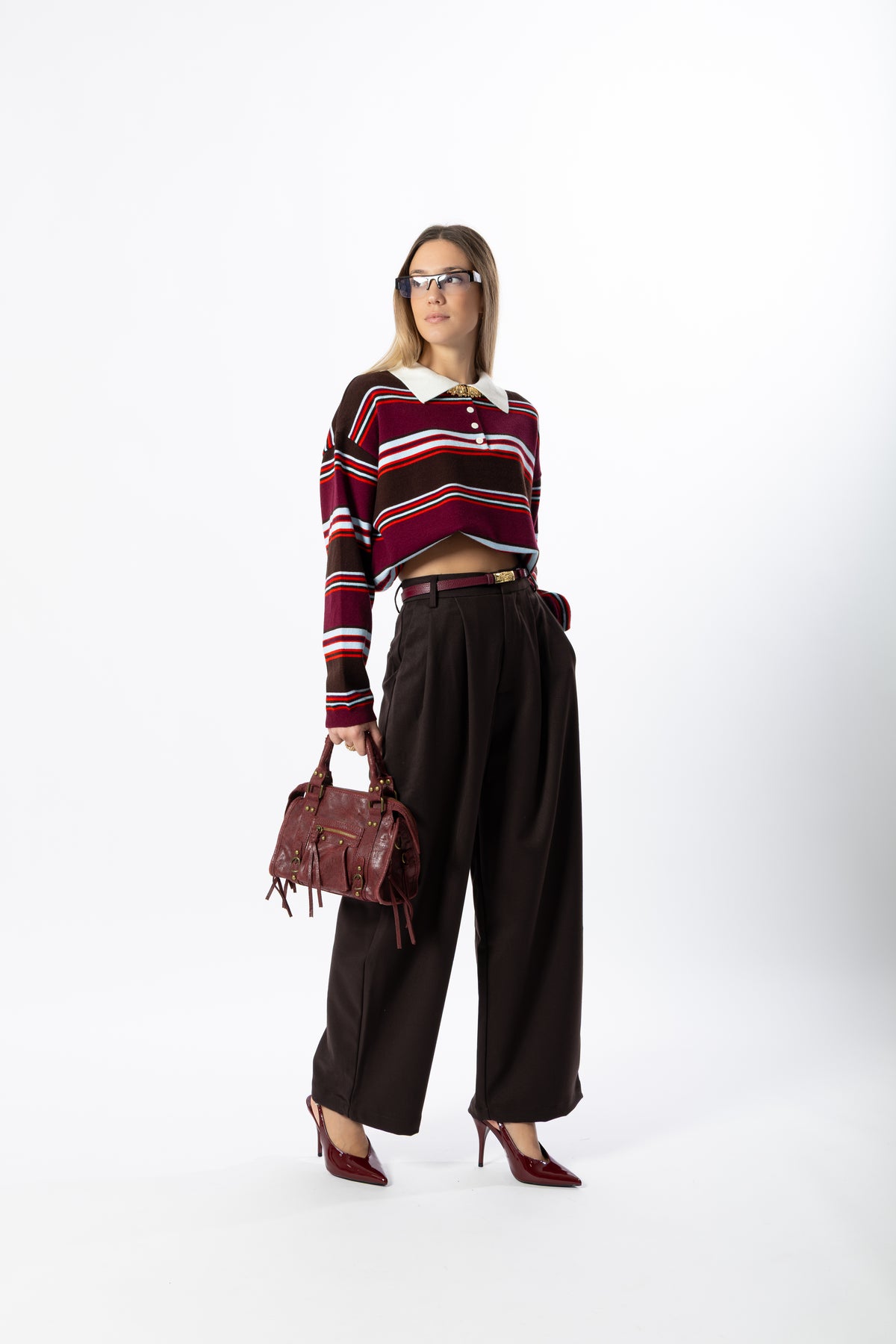 Polo a righe bordeaux e marrone