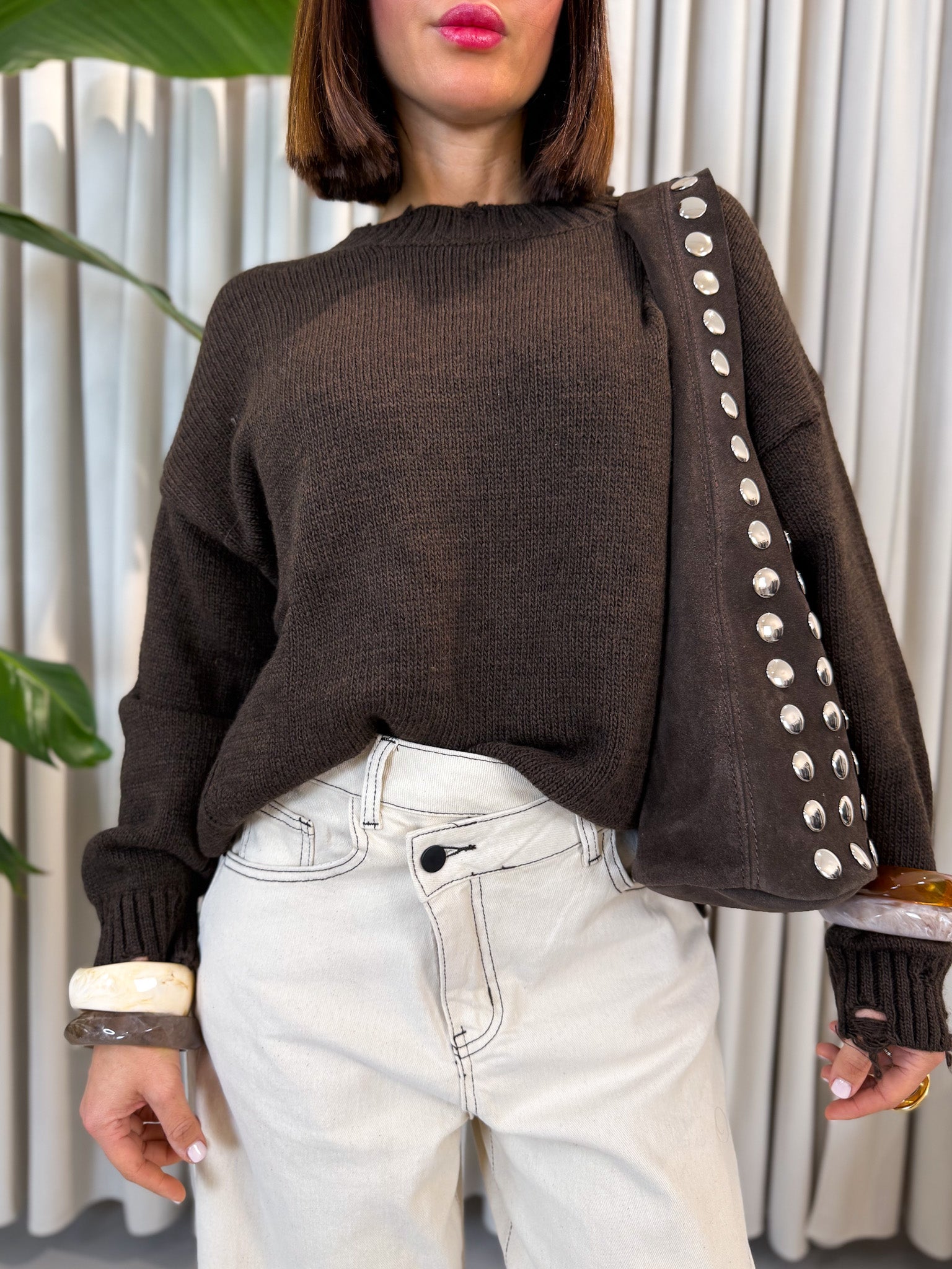 Pullover over girocollo marrone