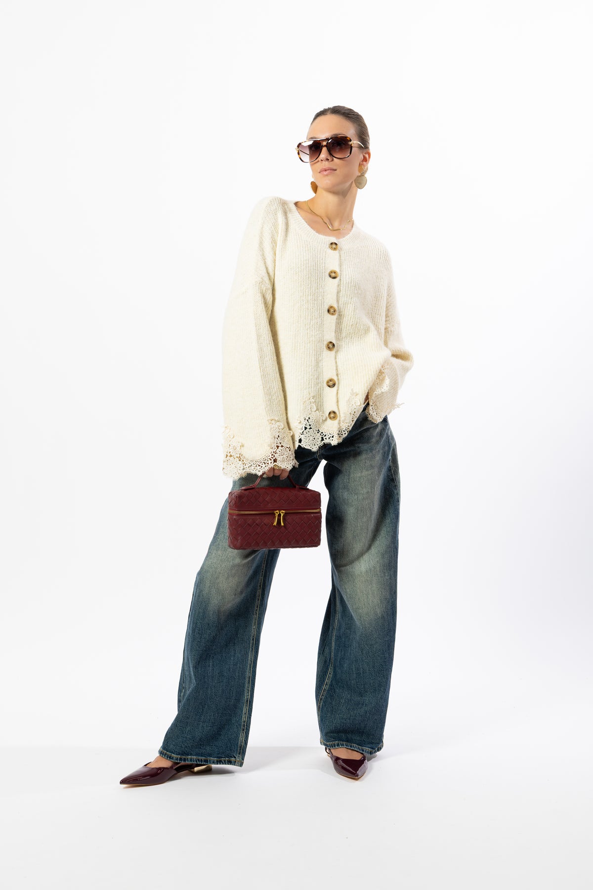 Cardigan burro con pizzo