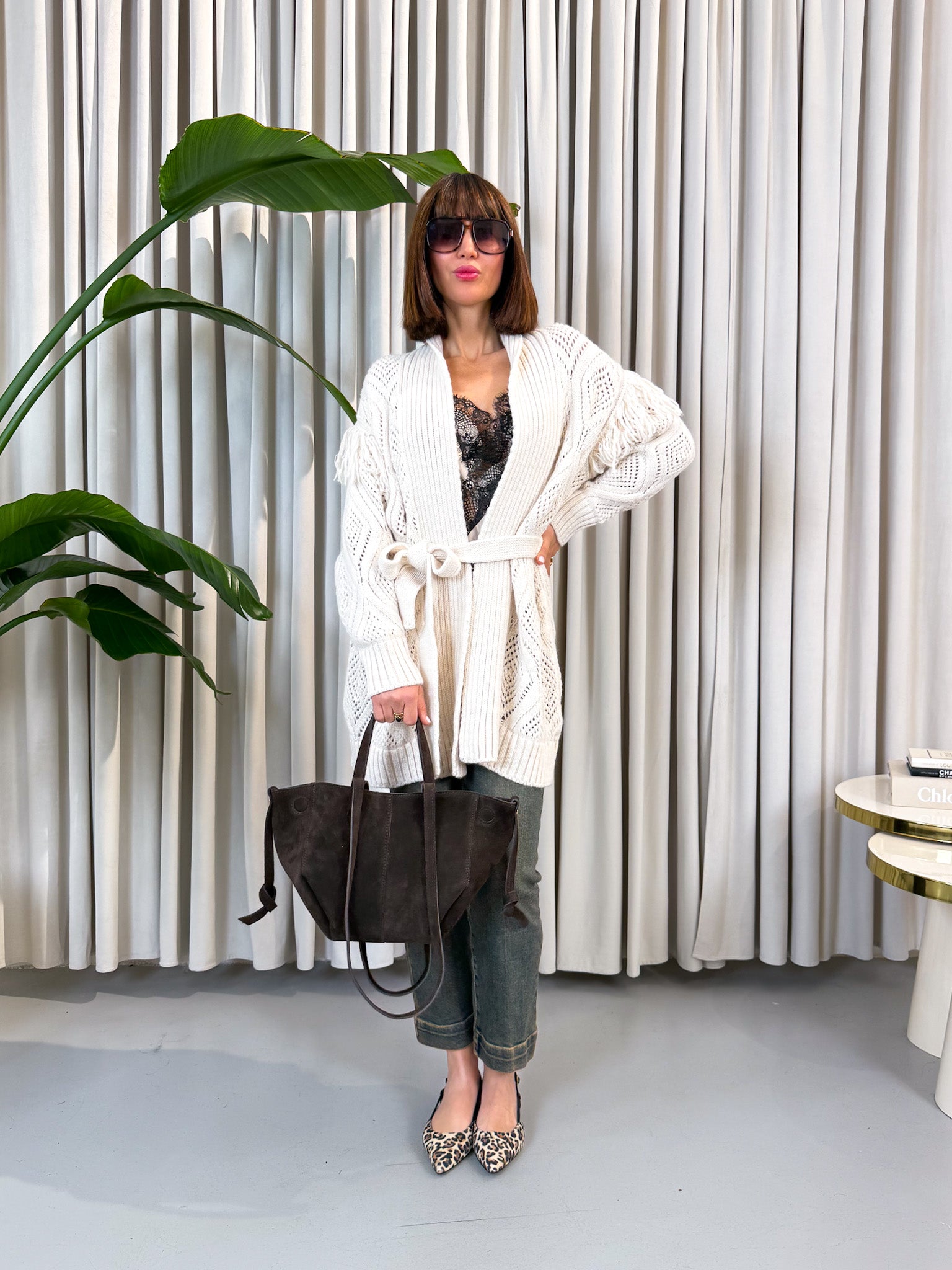 Cardigan frange panna