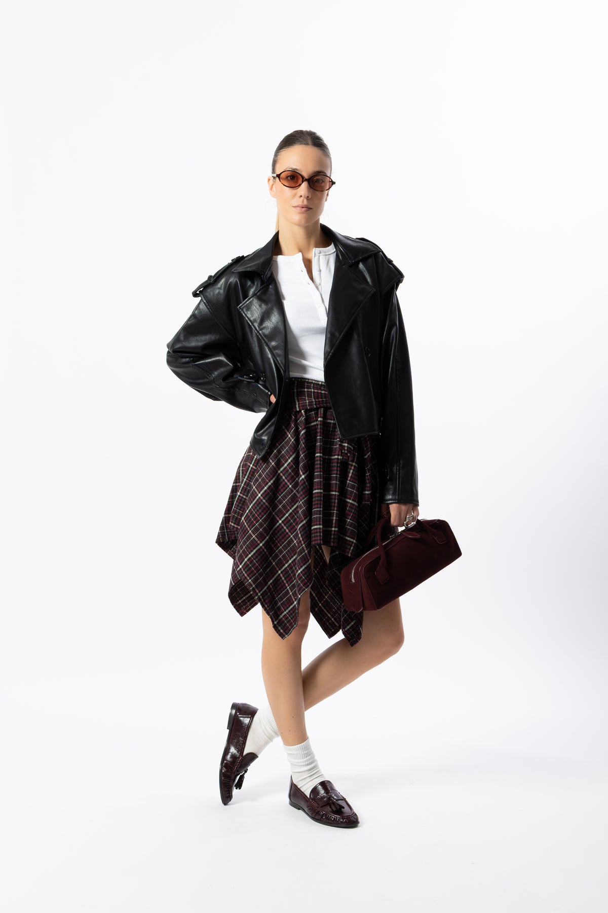 Gonna corta tartan bordeaux