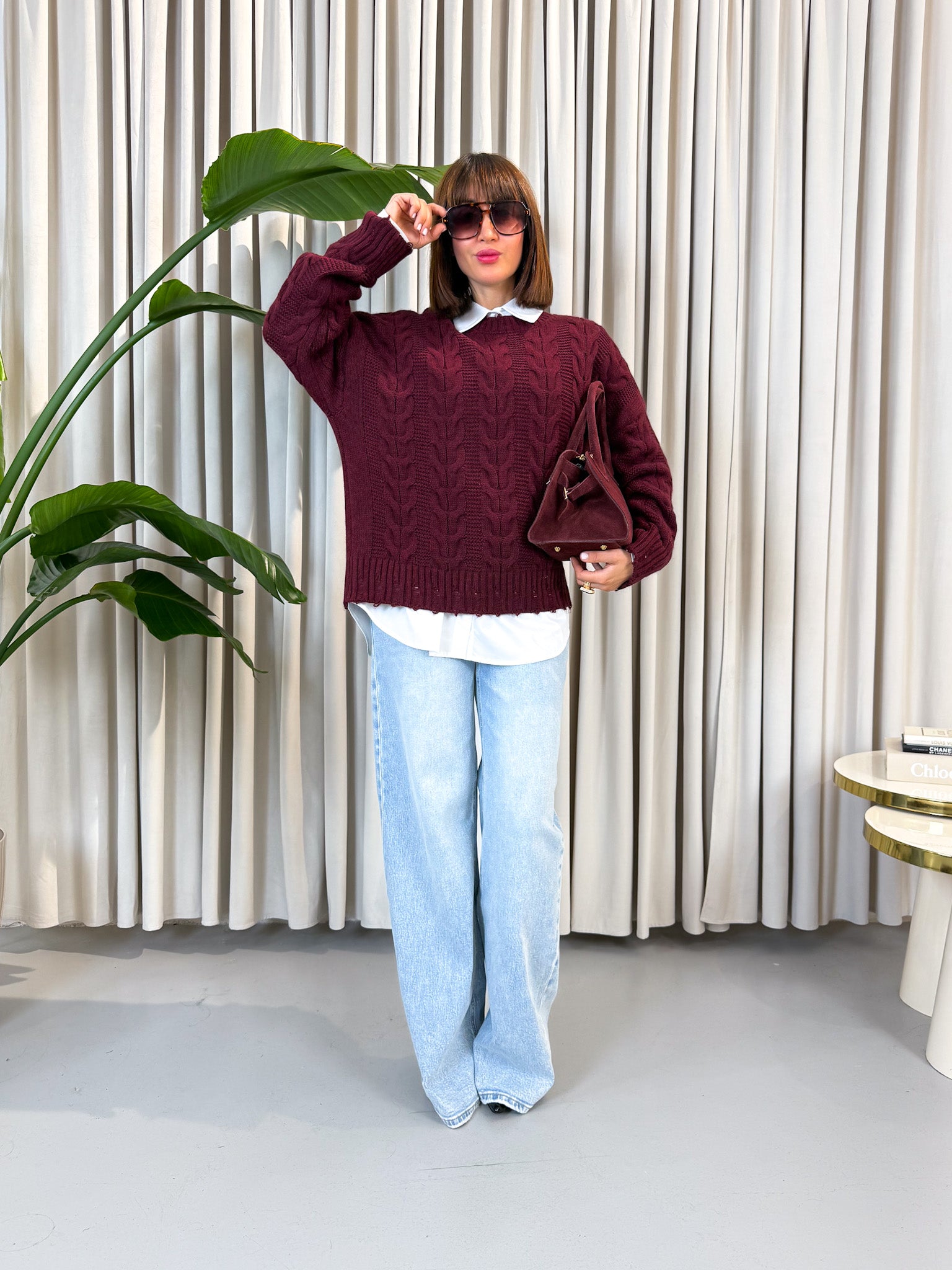 Pullover over trecce bordeaux