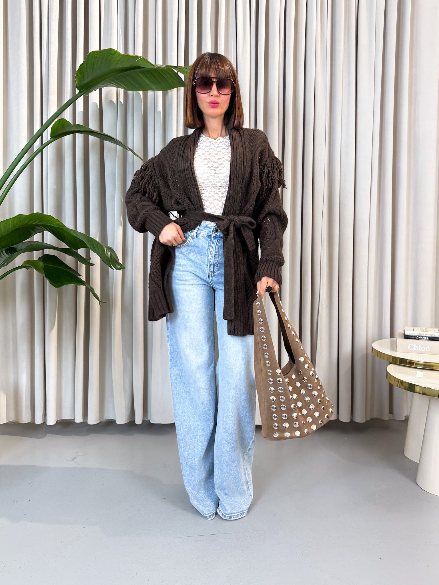 Cardigan frange marrone