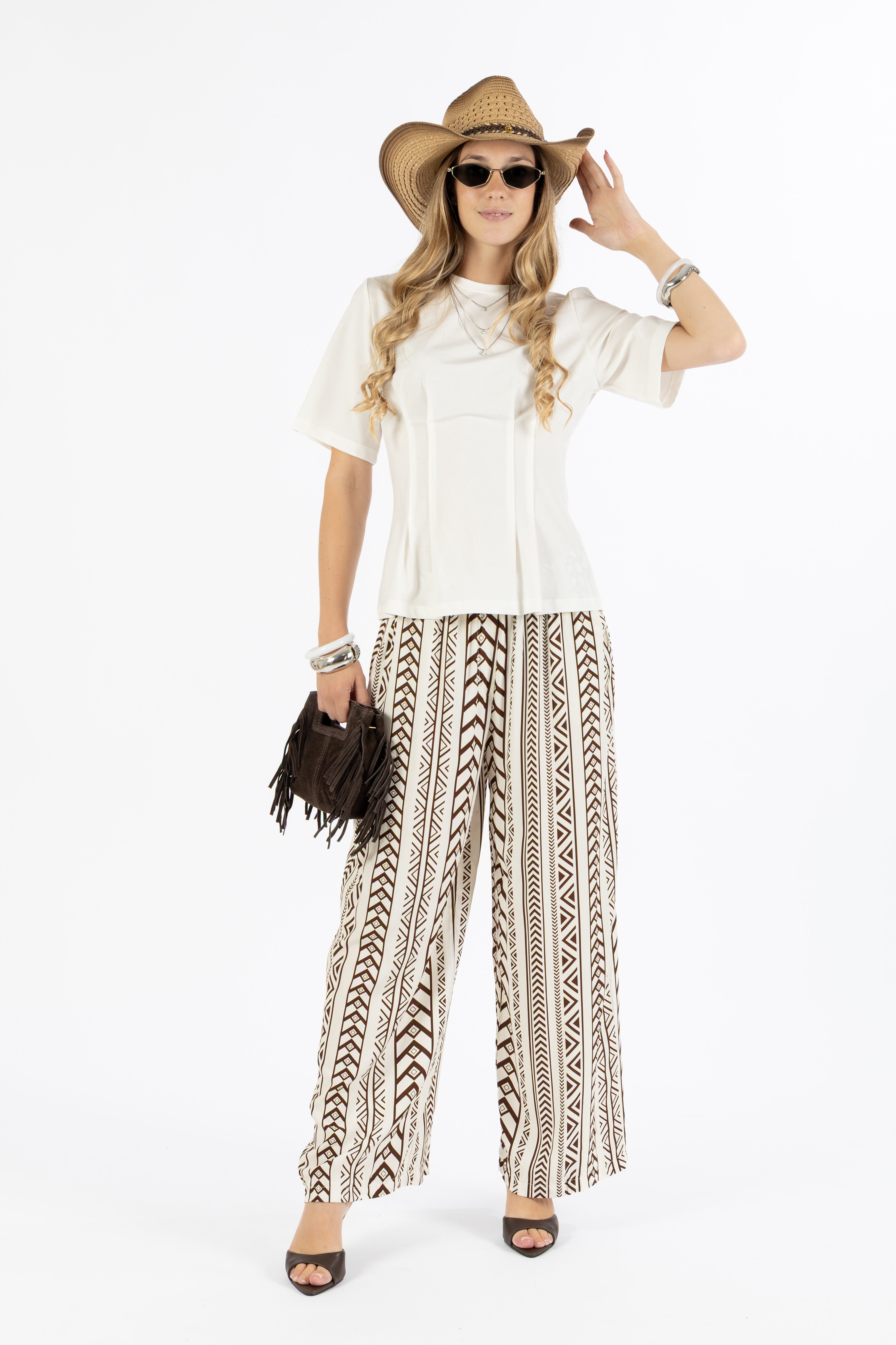 Pantalone fantasia etnica bianco