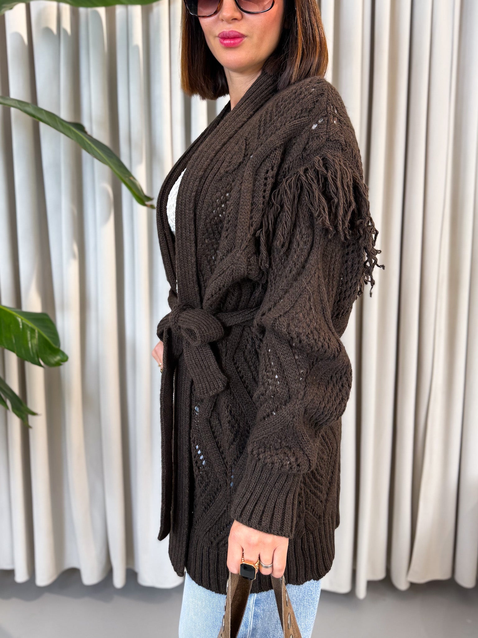 Cardigan frange marrone