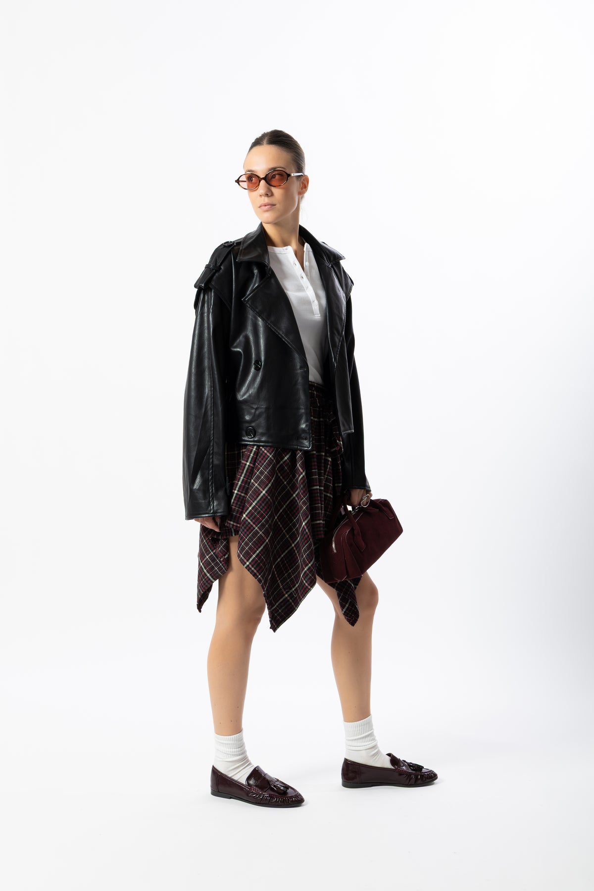 Gonna corta tartan bordeaux