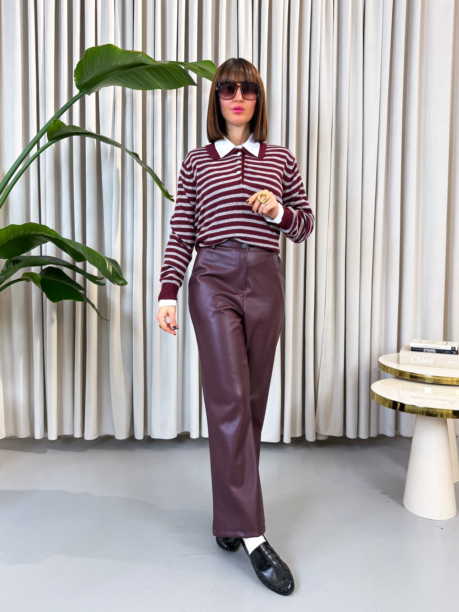 Pantalone simil pelle bordeaux