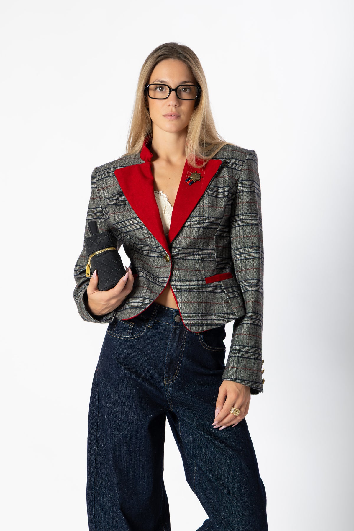 Blazer cropped tartan rosso
