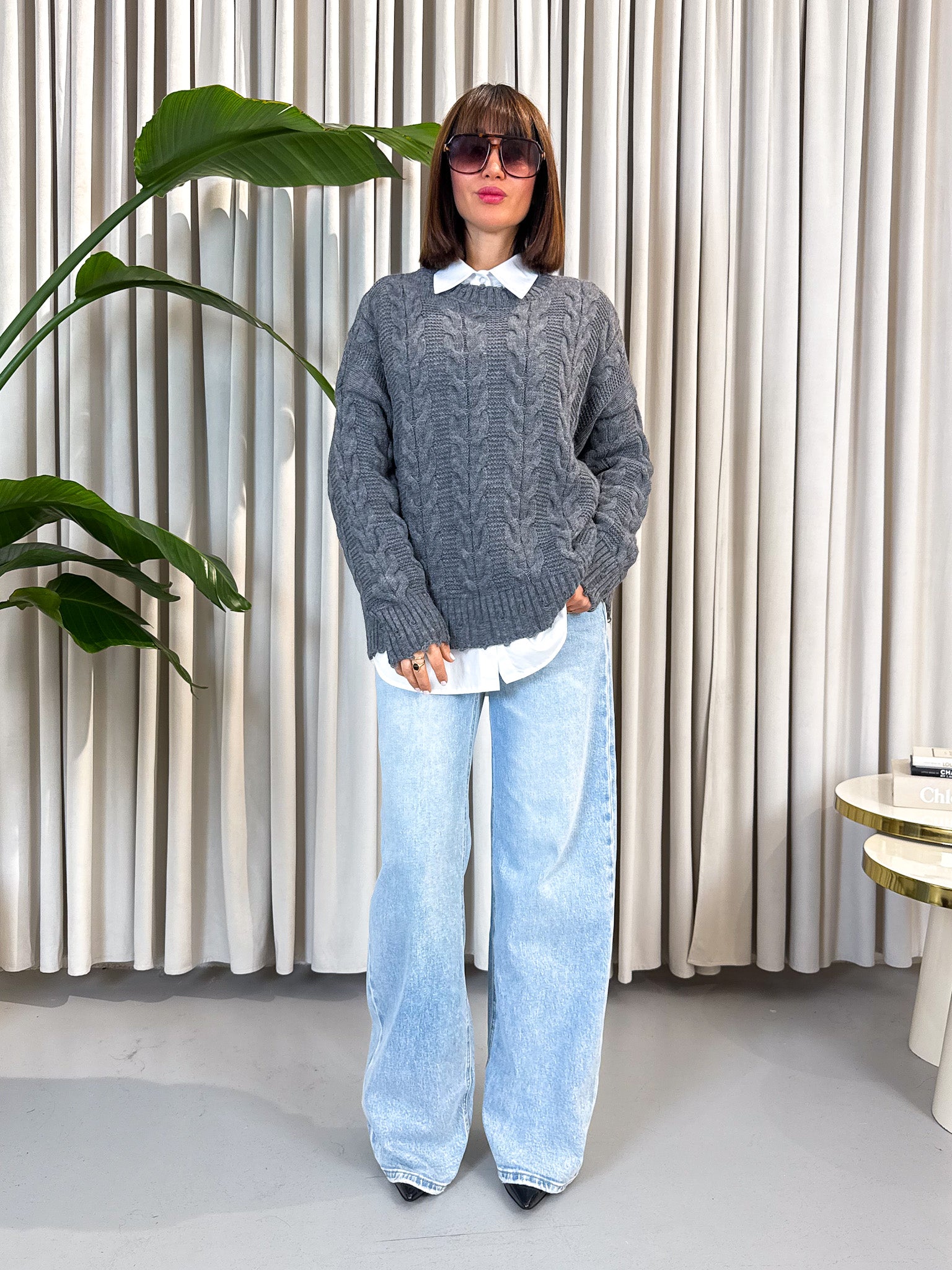 Pullover over trecce grigio