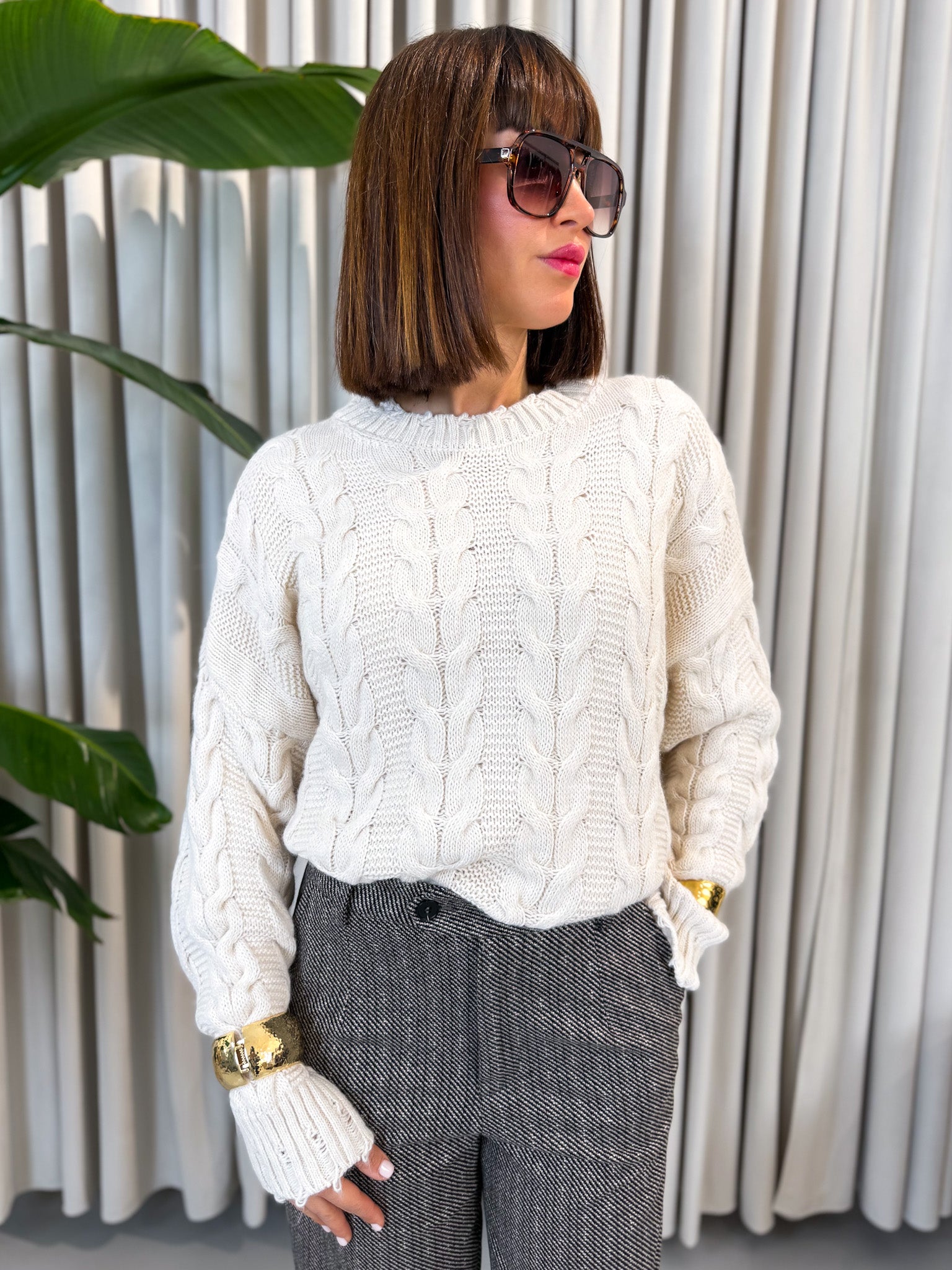 Pullover over trecce panna