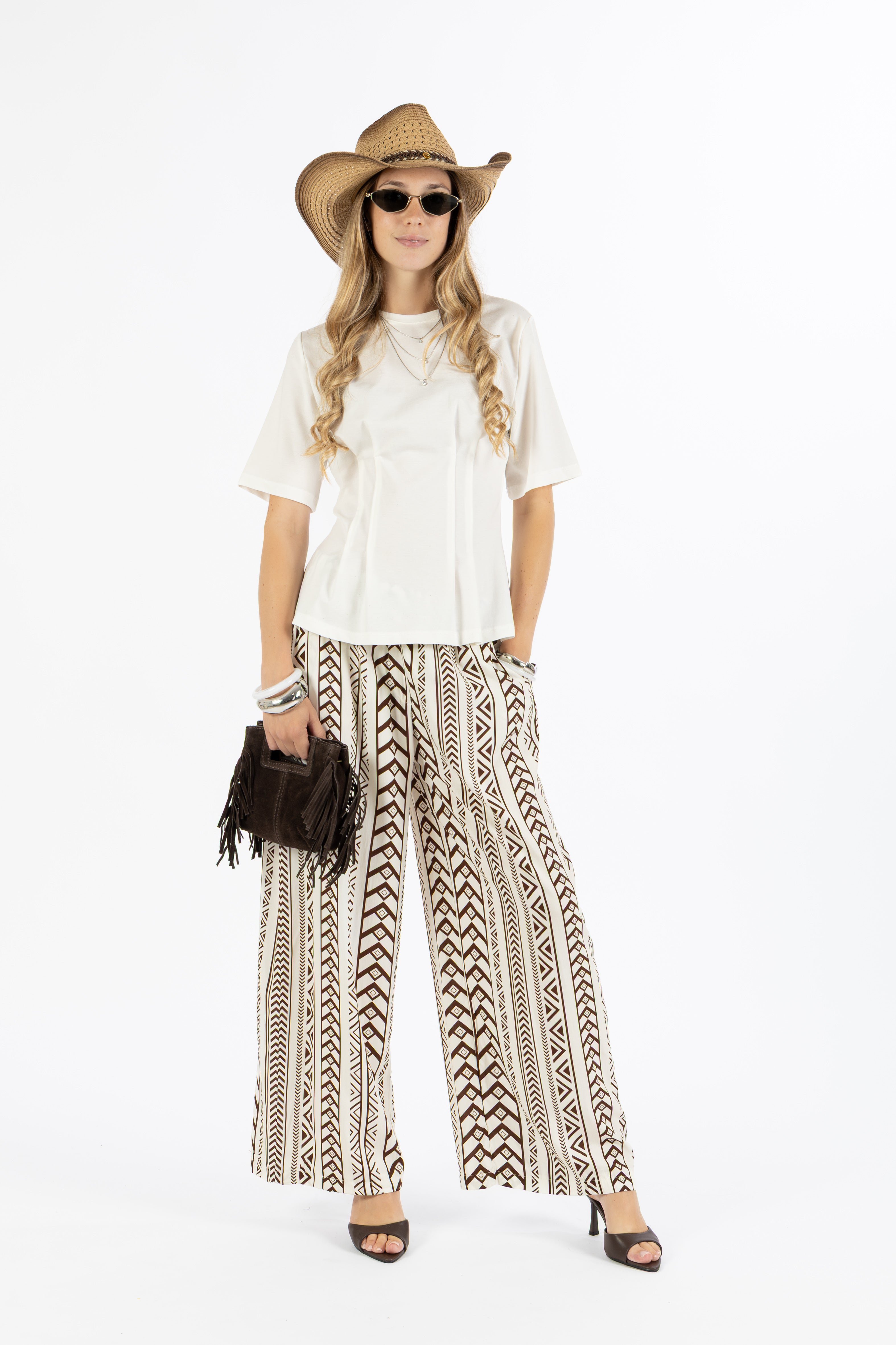 Pantalone fantasia etnica bianco