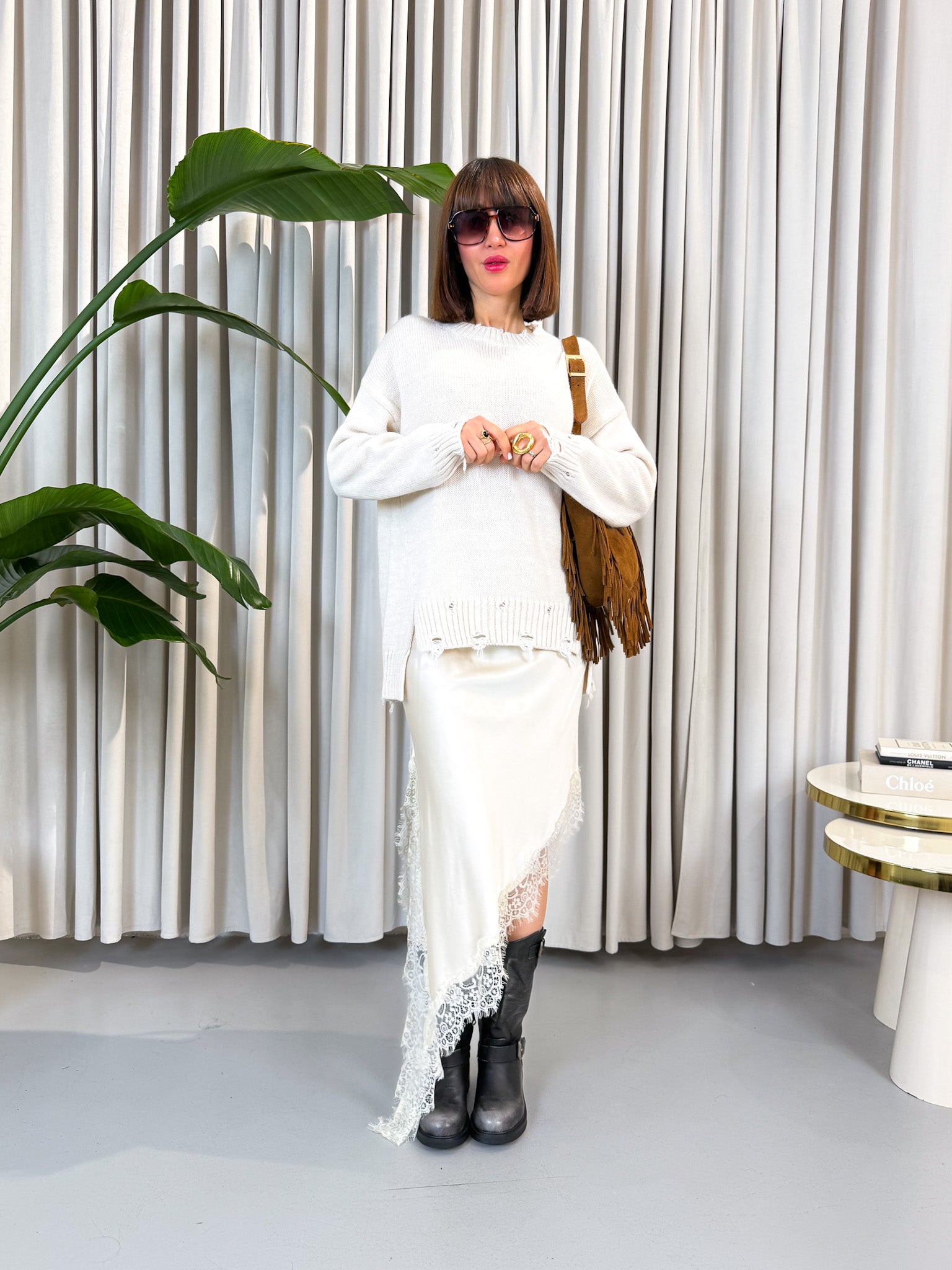 Pullover over girocollo panna