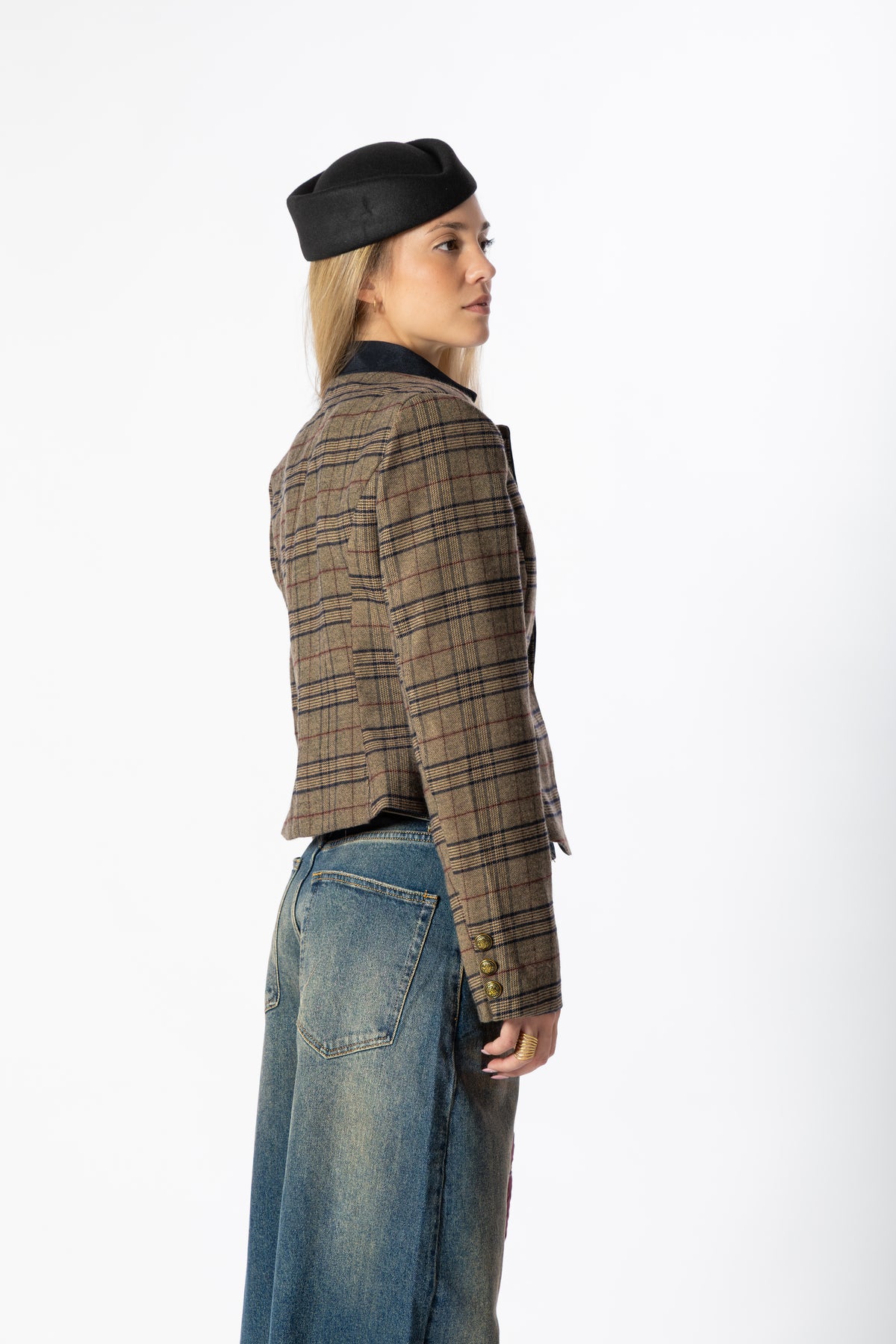 Blazer cropped tartan blu
