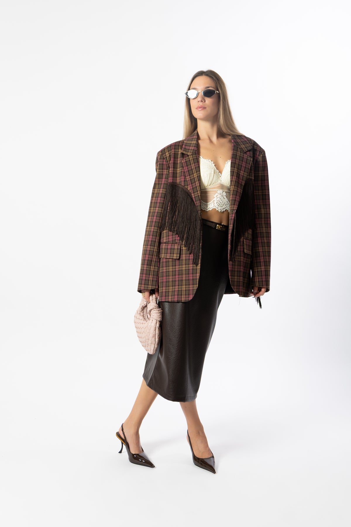 Blazer frange tartan marrone e rosa