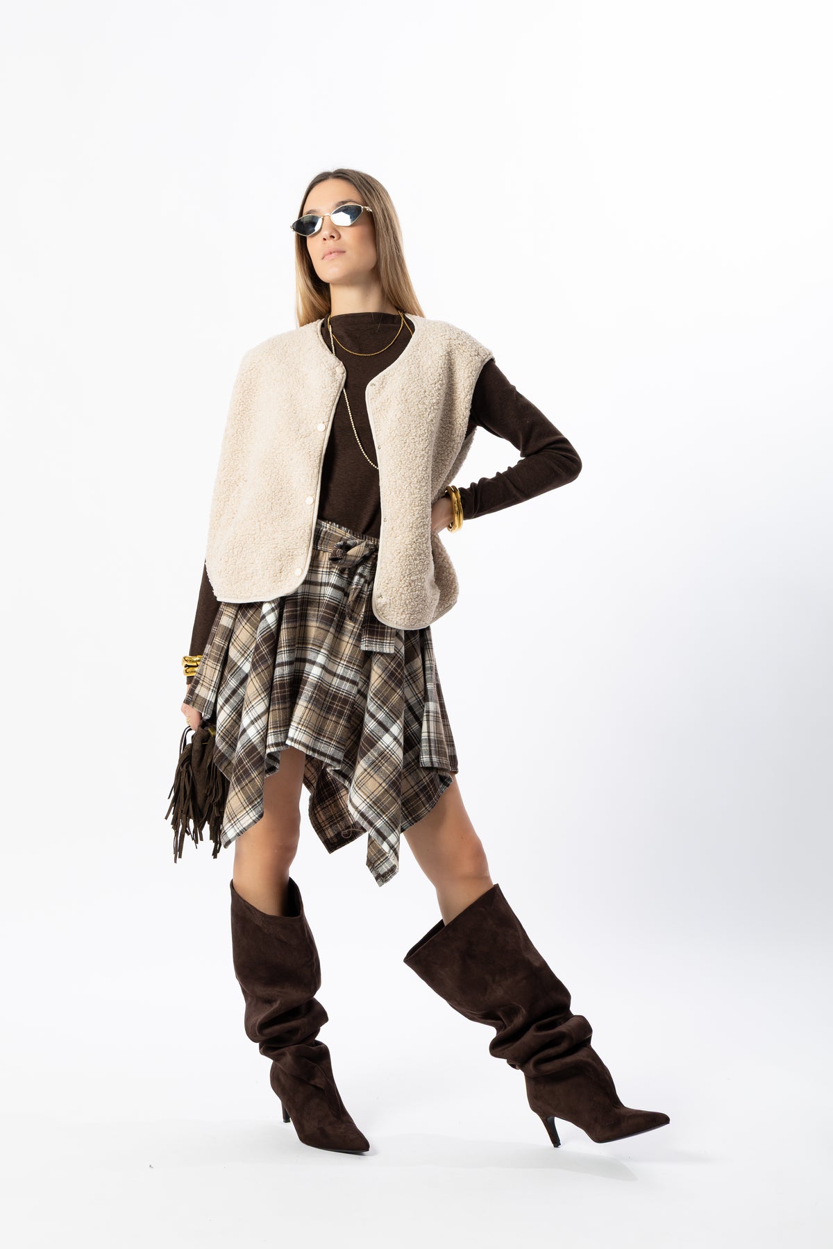 Gonna corta tartan beige