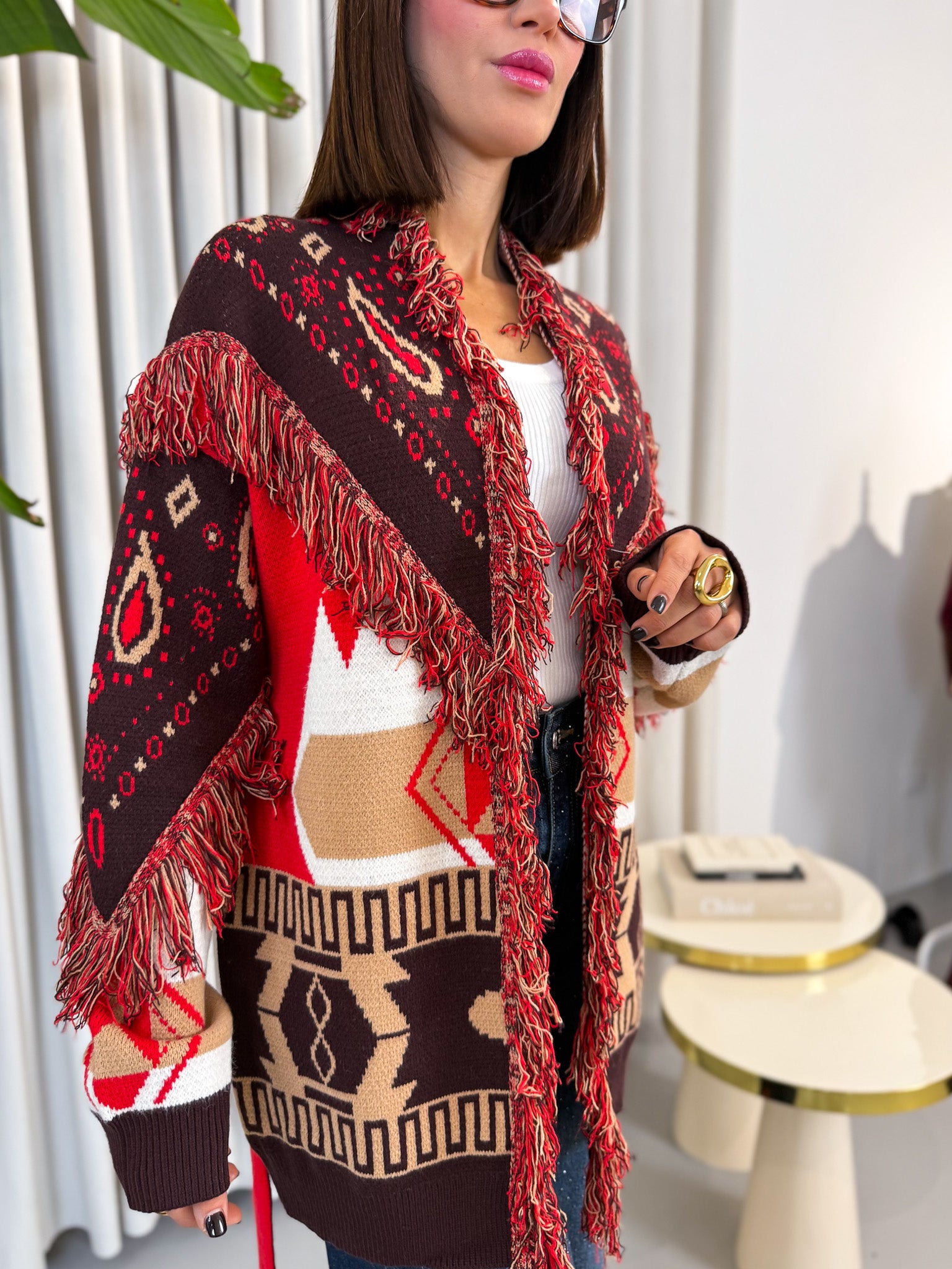 Cardigan etnico rosso e bordeaux