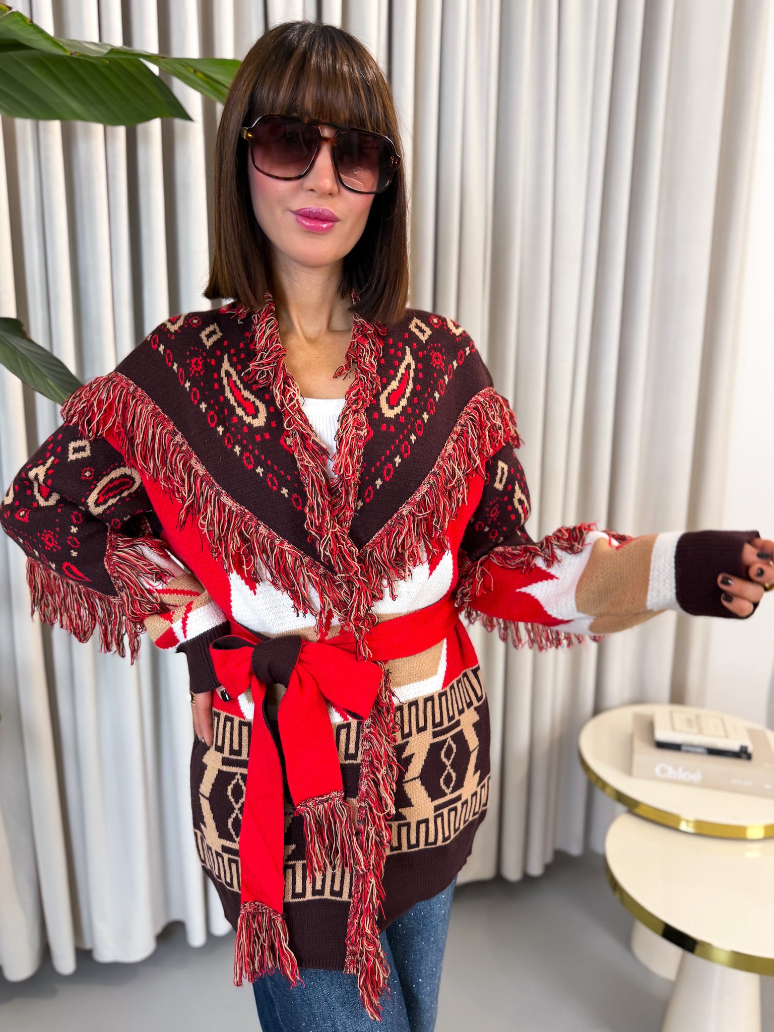 Cardigan etnico rosso e bordeaux
