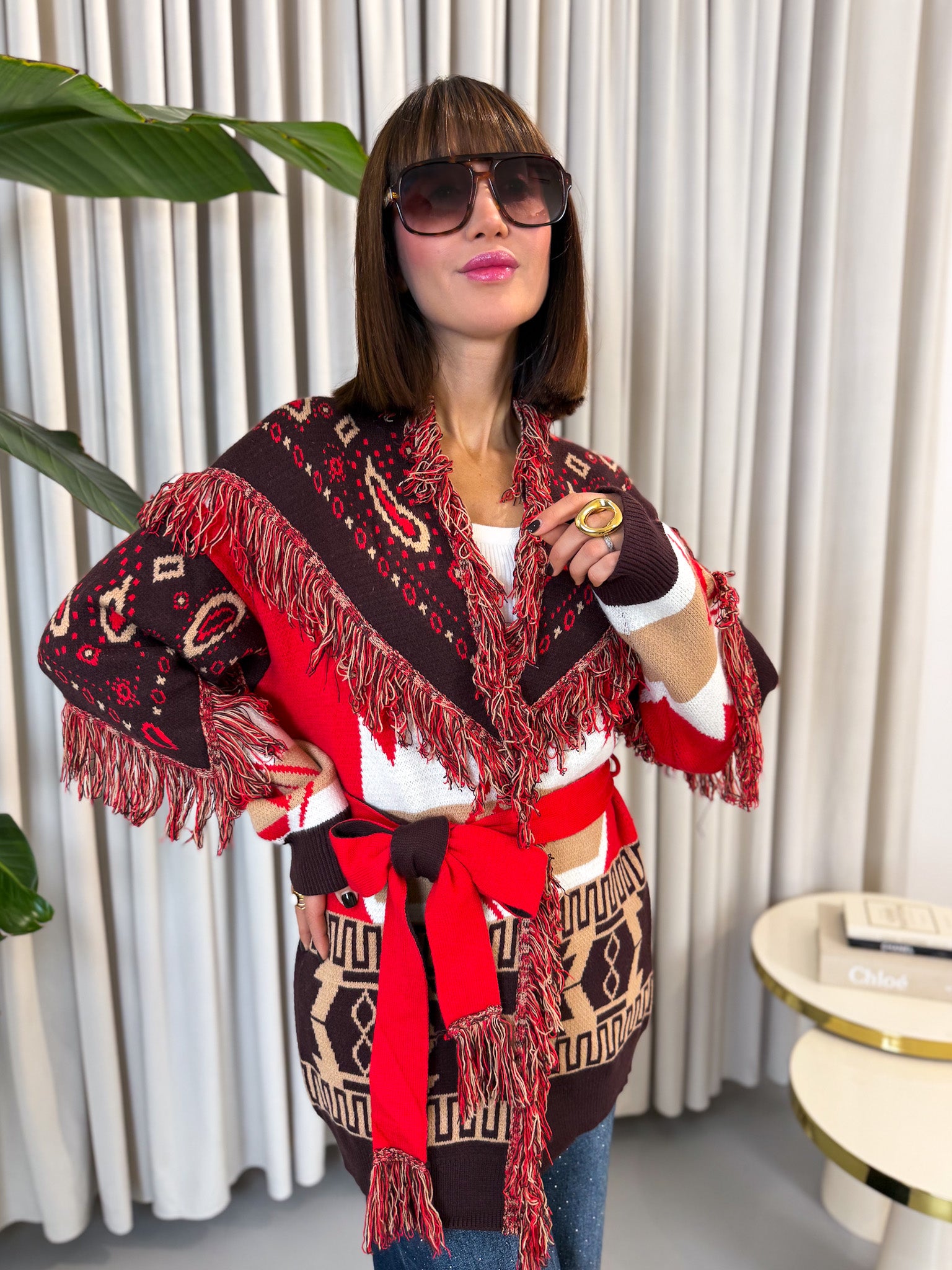 Cardigan etnico rosso e bordeaux