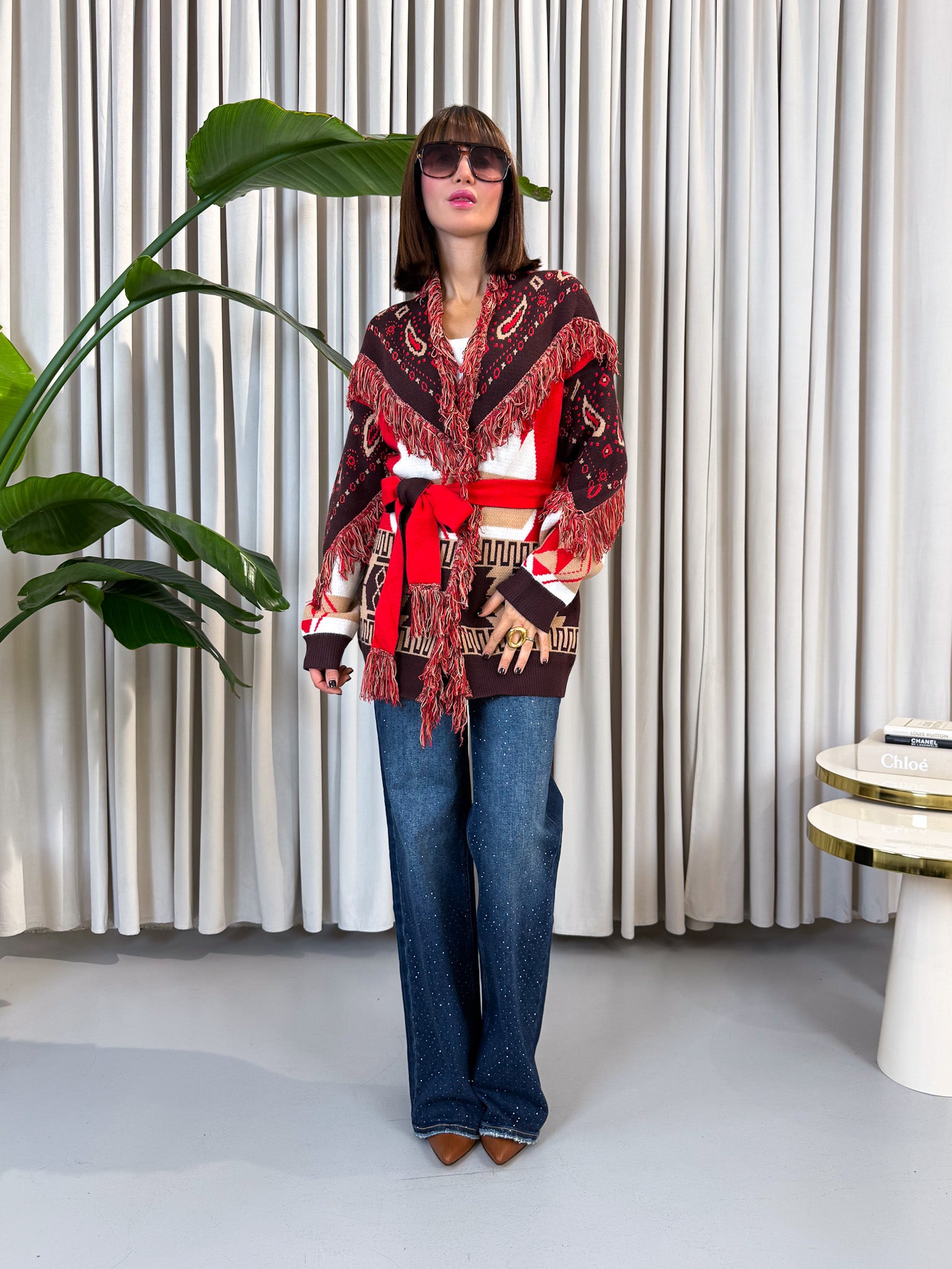 Cardigan etnico rosso e bordeaux