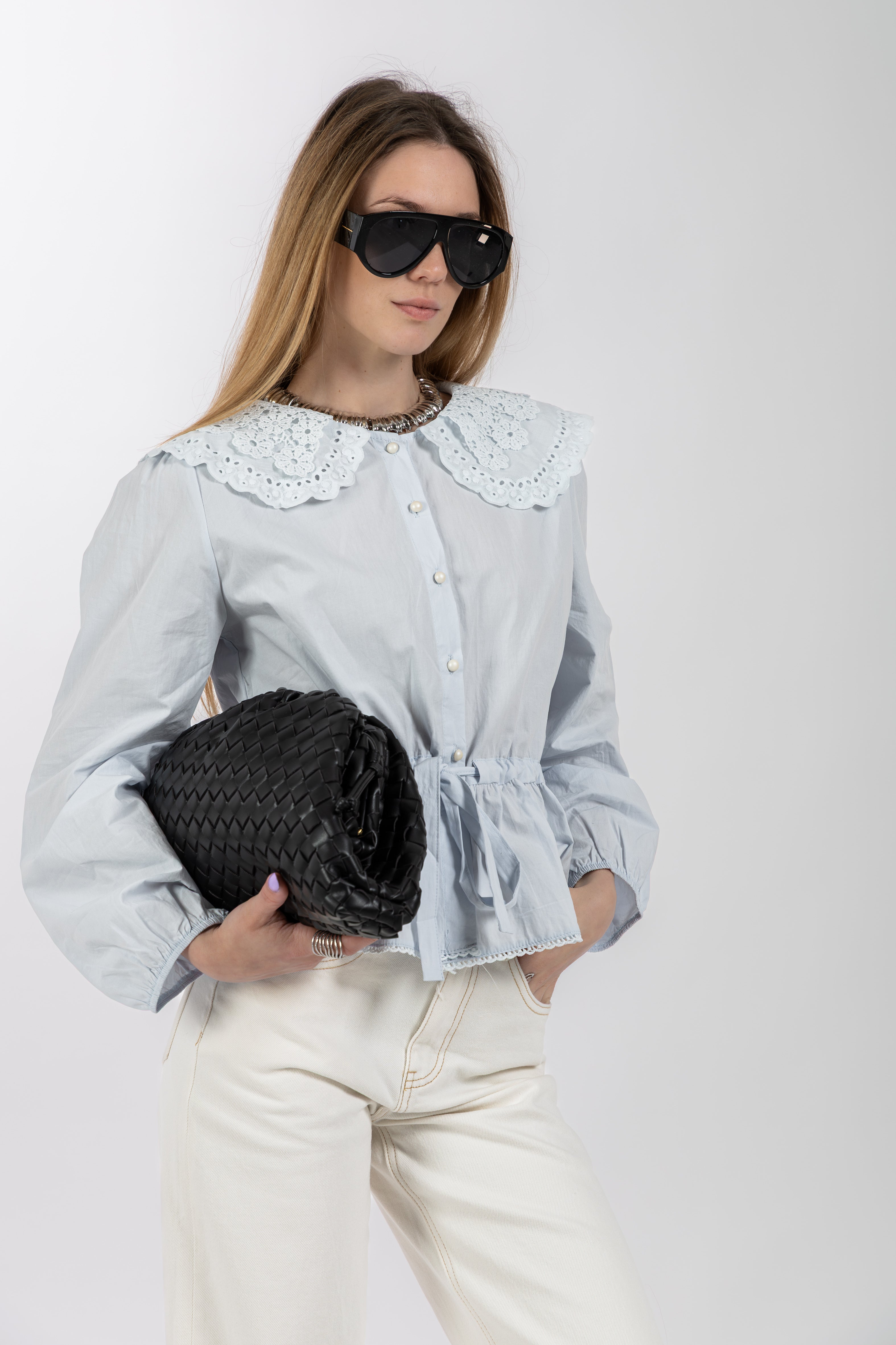 Camicia colletto sangallo azzurra
