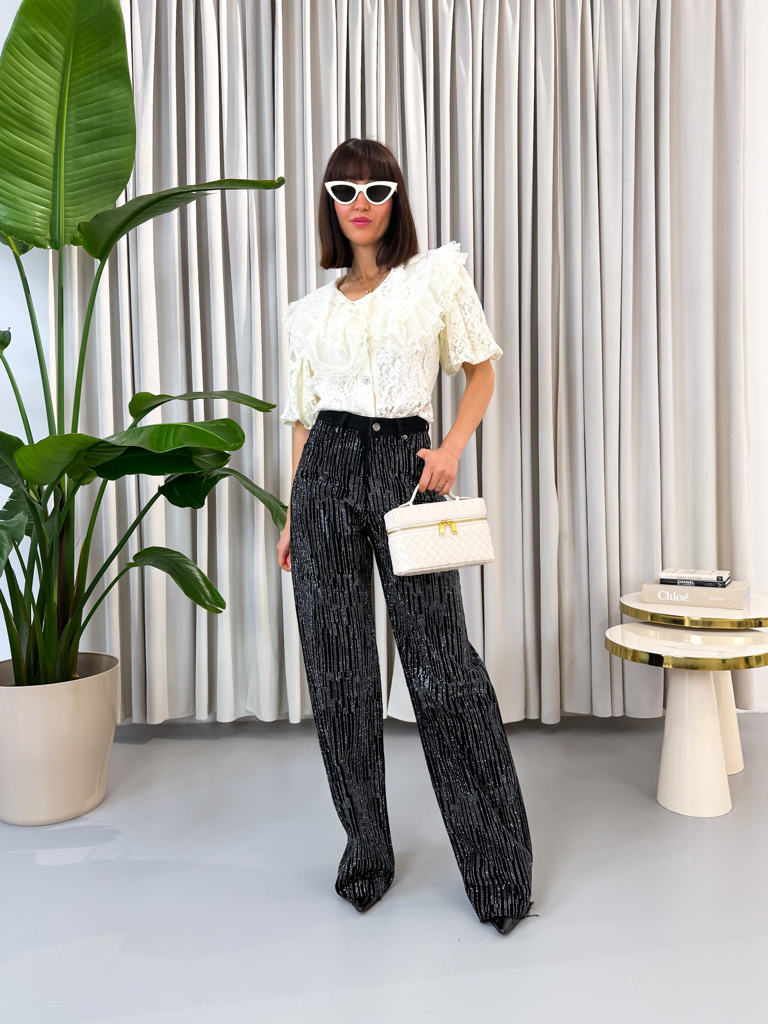 Jeans nero strass cascata