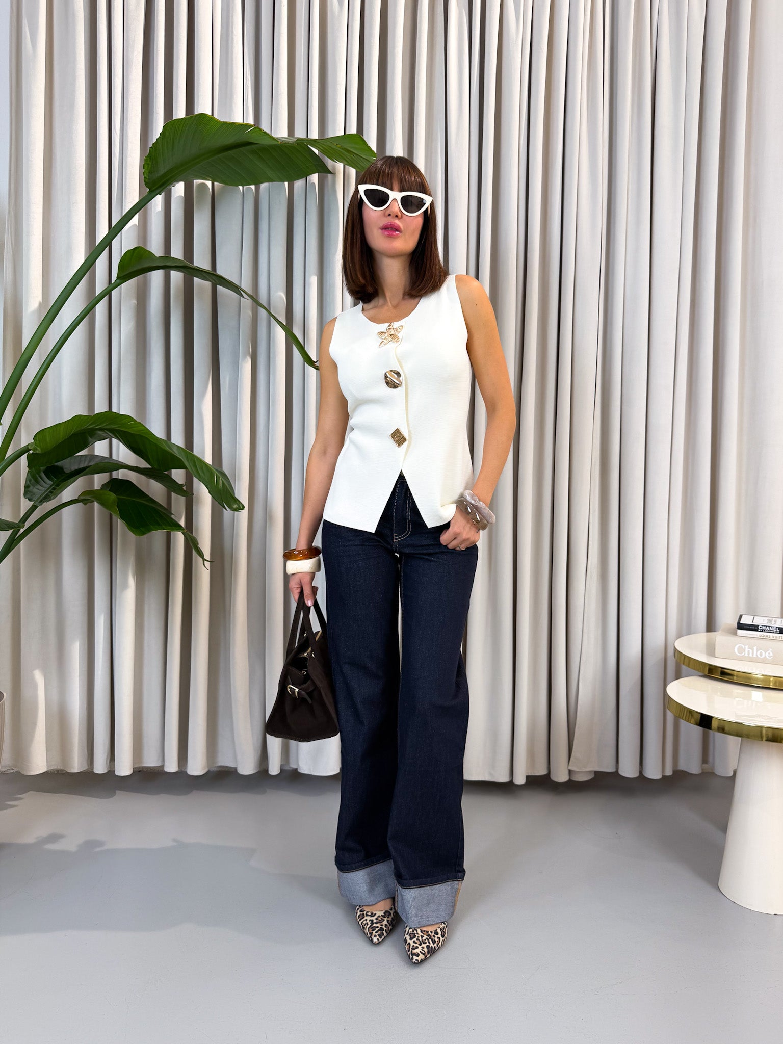 Jeans wide leg con risvolto