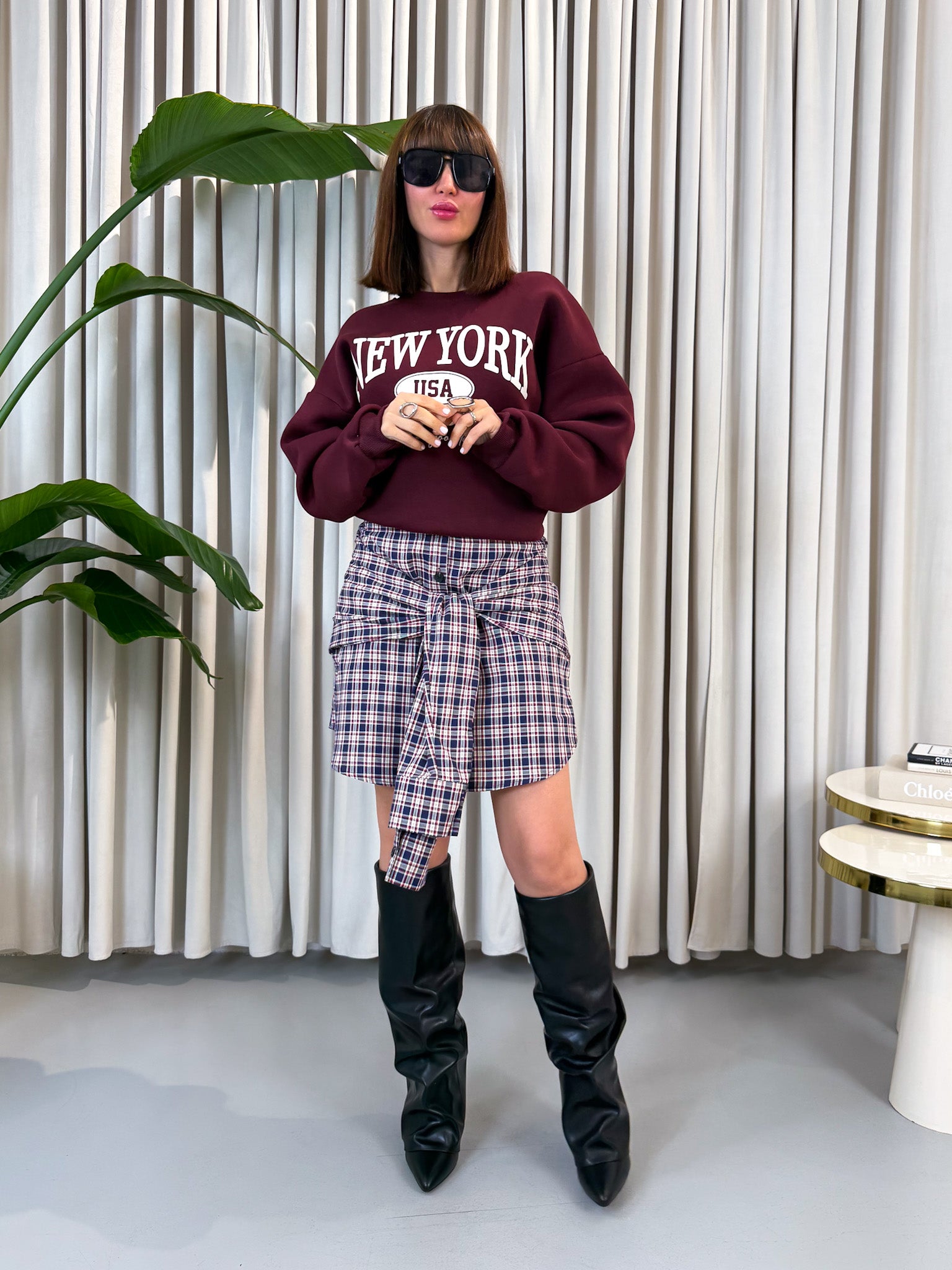 Minigonna quadri bordeaux