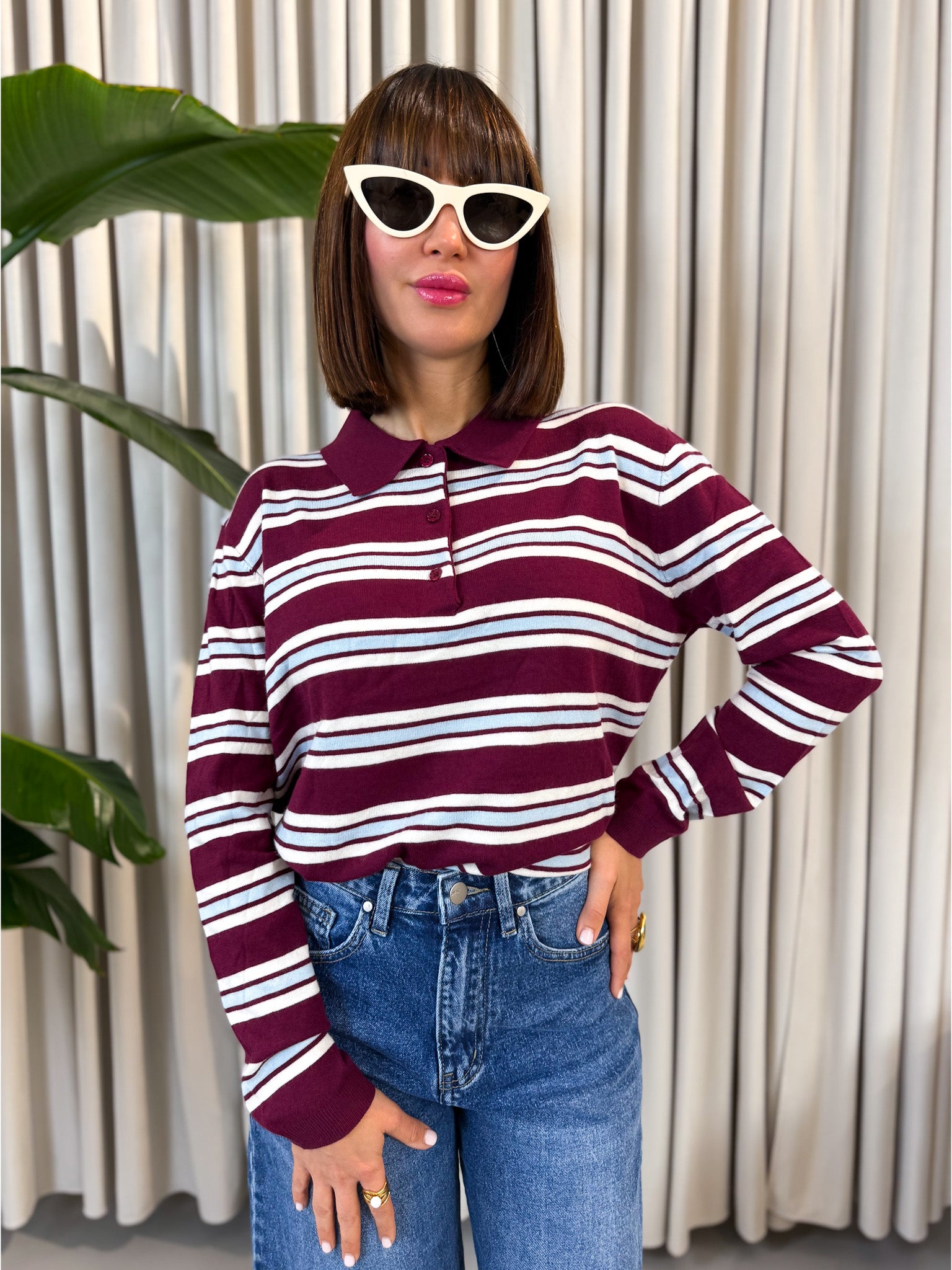 Pullover polo a righe bordeaux