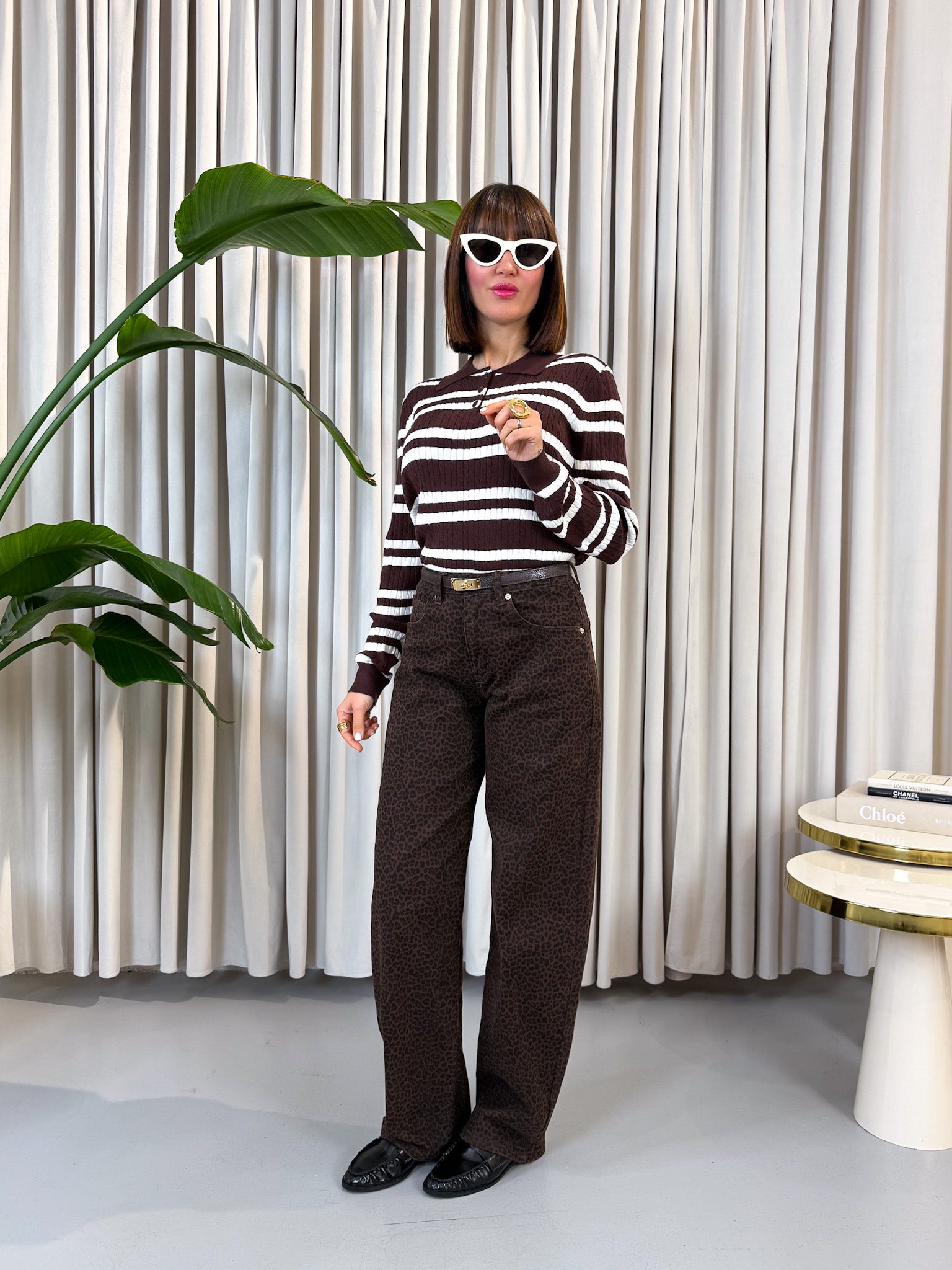 Pullover polo a righe marrone