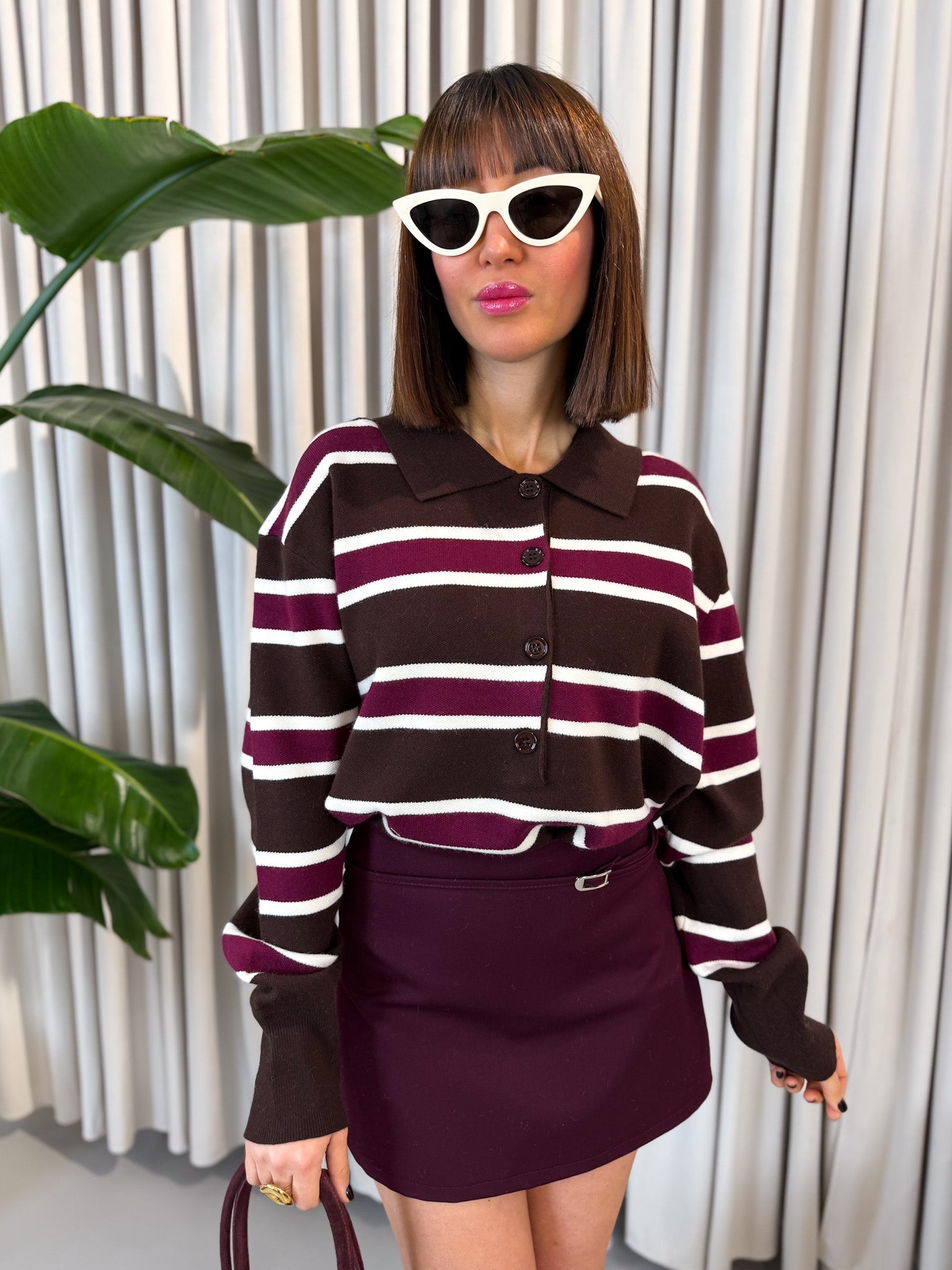 Pullover polo a righe bordeaux