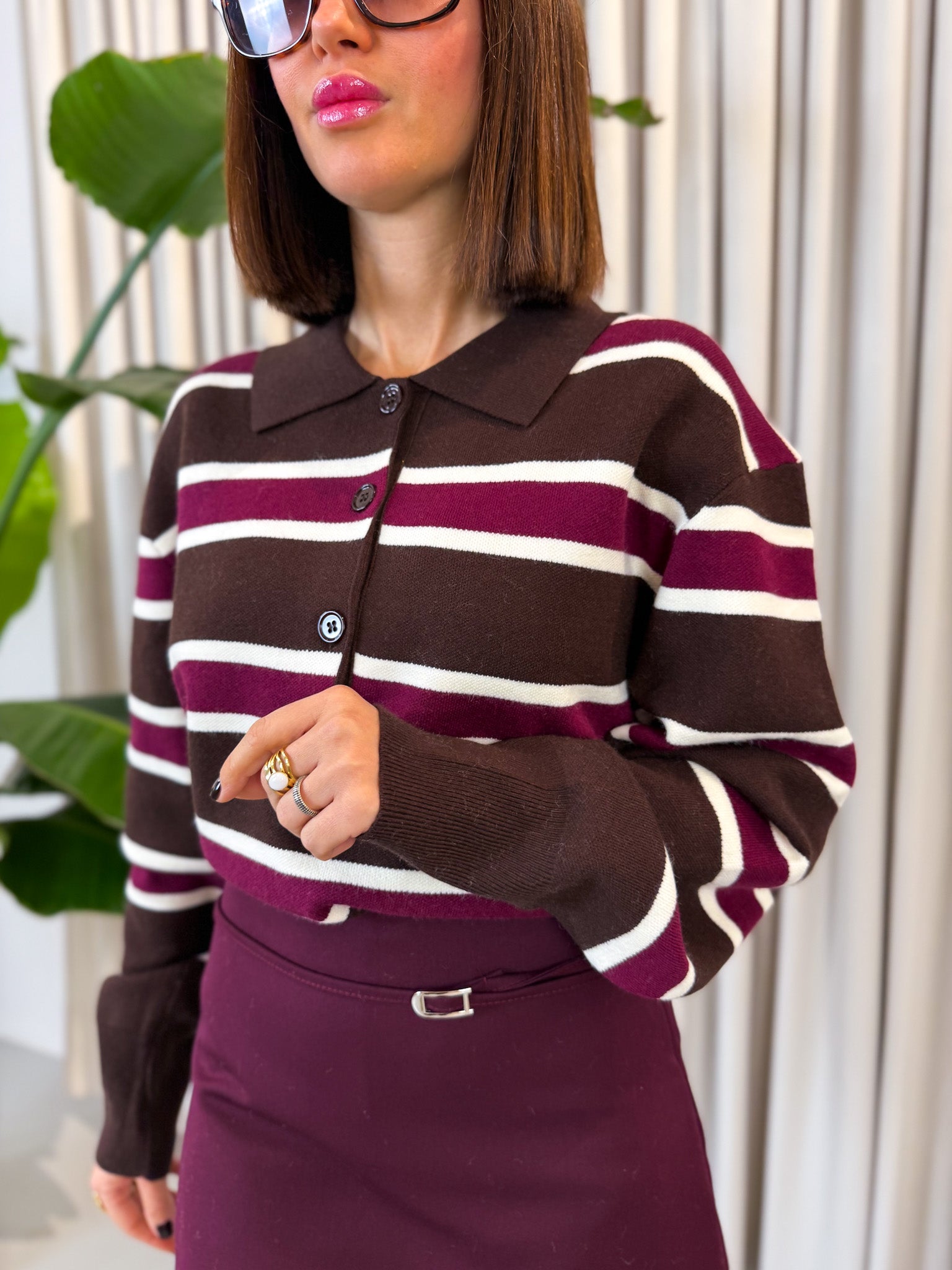 Pullover polo a righe bordeaux