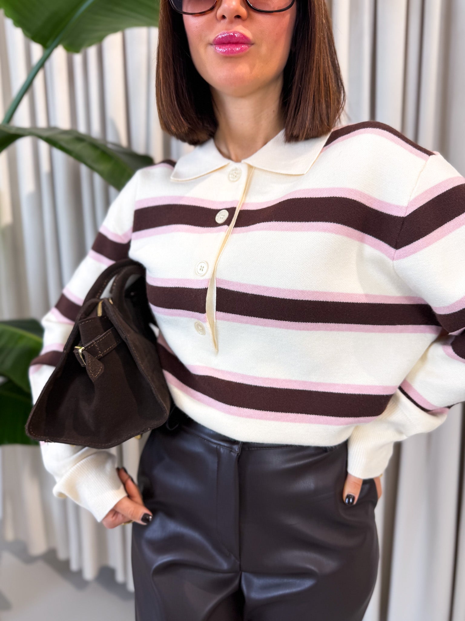 Pullover polo a righe panna