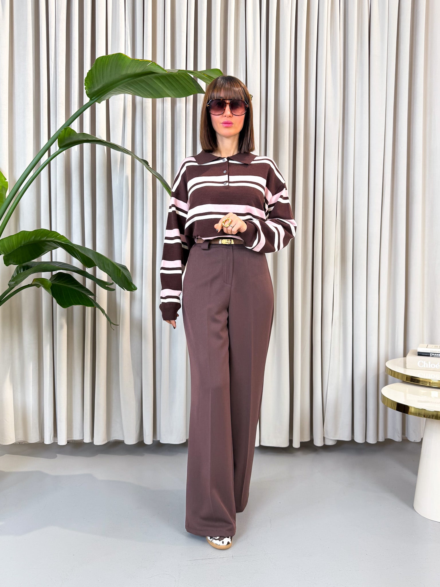 Pullover polo a righe rosa