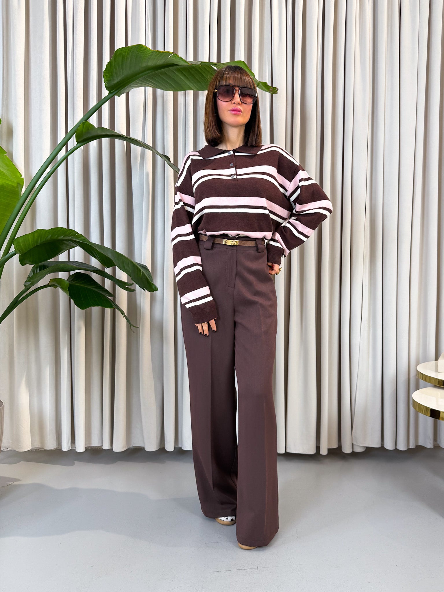 Pullover polo a righe rosa