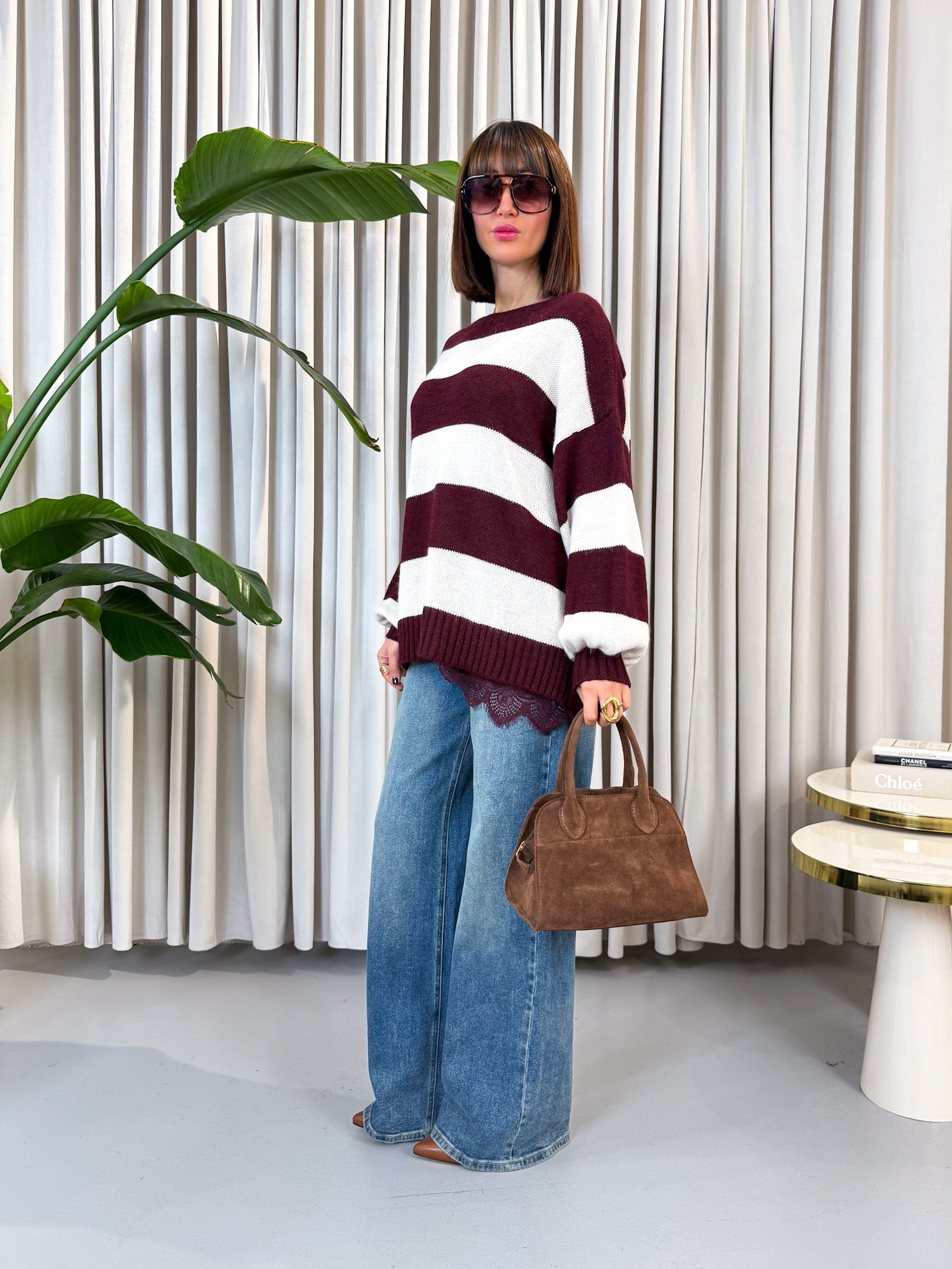 Pullover over a righe bordeaux