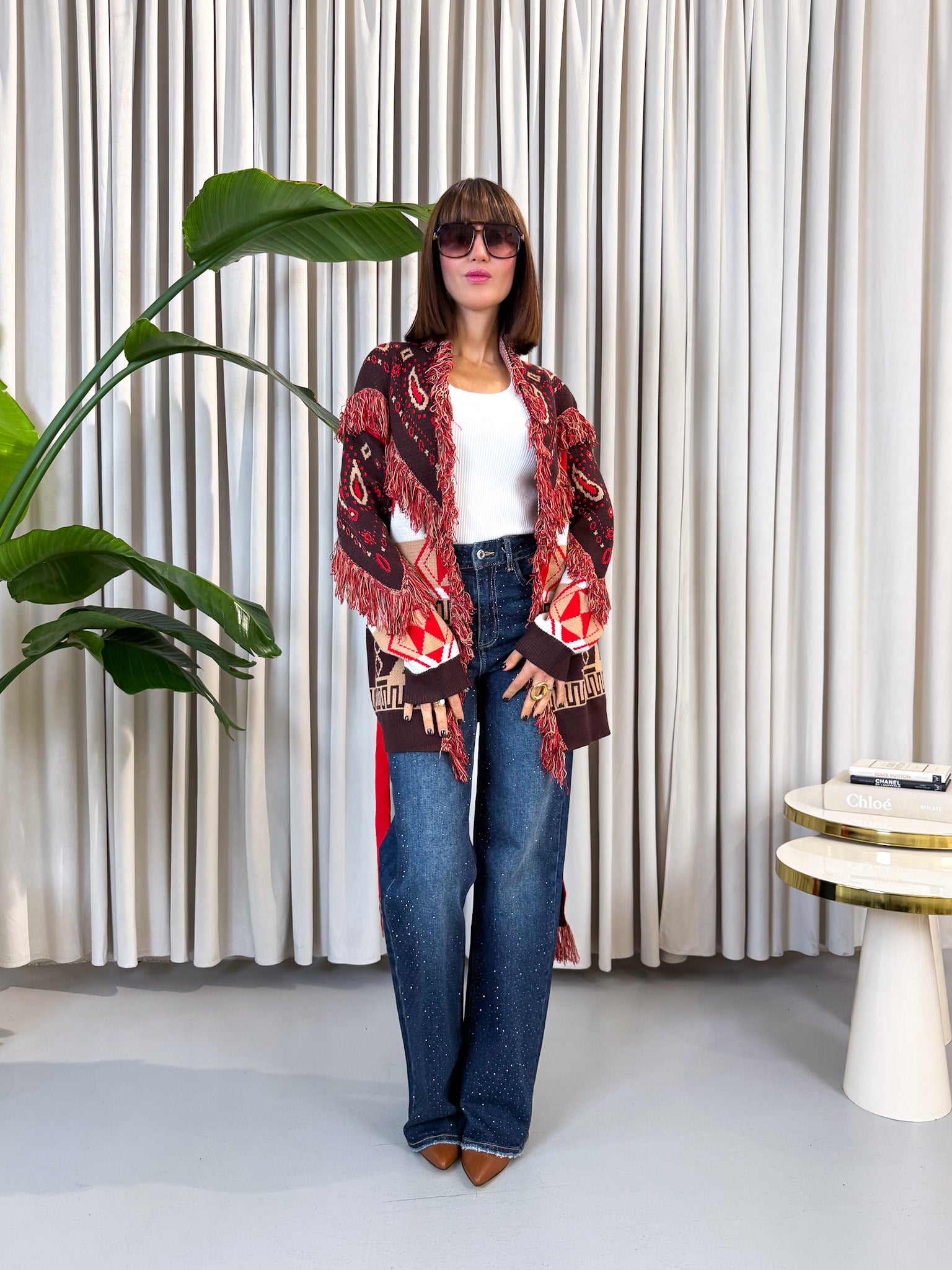 Cardigan etnico rosso e bordeaux